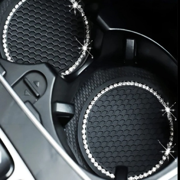 New! Rhinestone Outline Car Coasters Black 2 Pack for Cupholders - Picture 2 of 2